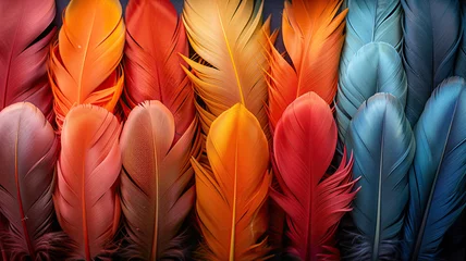 Fototapeten Colorful feathers arranged in rows, transitioning smoothly from one hue to another. © visual artstock