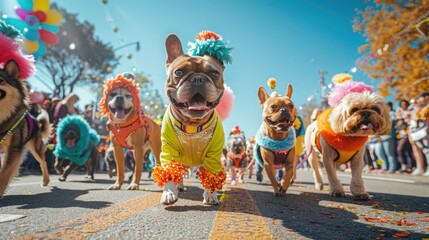 A whimsical outdoor pet parade with dogs wearing creative costumes, owners proudly walking alongside them, and spectators lining the streets, all under a clear, sunny sky