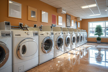 A row of modern washing machines awaits use in a busy laundry room.