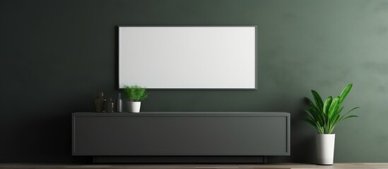 A green room featuring a mirror and a plant on a cabinet against an empty dark wall background. The room exudes a sense of natural simplicity and modern elegance.