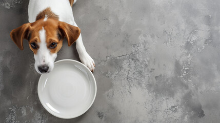 Dog tries to eat from empty ceramic plate, top view. Concept eating