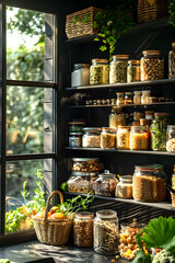Pantry stocked with jars of ingredients and natural foods by a window