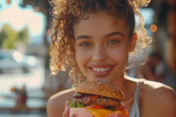 Tuinposter A beautiful young girl with curly enjoying a vegan burger in an outdoor restaurant © Attasit