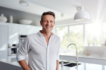 Handsome middle-aged man smiles in kitchen of his home, modern kitchen background, natural lighting - 754252876