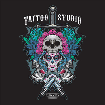 Vector Illustration of Tattoed Girl with Skull Hat, Roses and Tattoo Tools with Vintage Hand Drawing Style Available for Tshirt Design