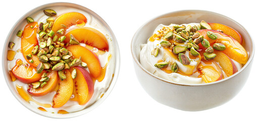 bowl with Greek yogurt with sliced peaches, pistachios, and a drizzle of agave syrup, isolated on a white background, side and top view, food bundle