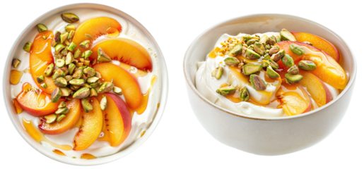 bowl with Greek yogurt with sliced peaches, pistachios, and a drizzle of agave syrup, isolated on a white background, side and top view, food bundle