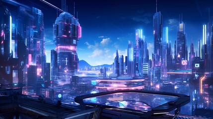 futuristic urban skyline dominated by towering skyscrapers, each outfitted with digital displays and neon accents that illuminate the night.