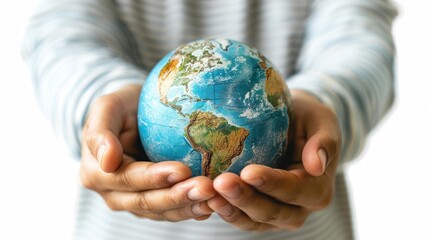 A photo of a person holding a globe in their hands, isolated against a white background