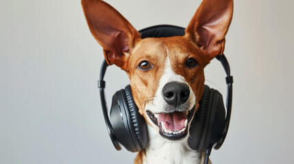 Adorable basenji dog in black, music in her headphones, close up shot isolated on white