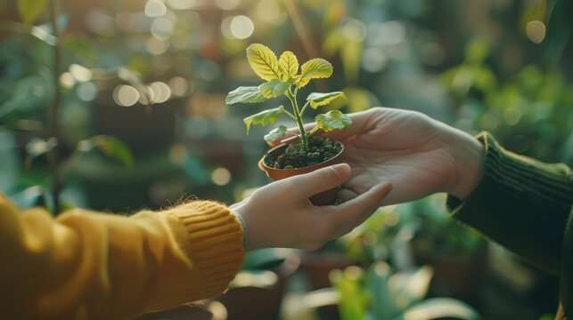 A photo of a friendly person giving a plant to another person