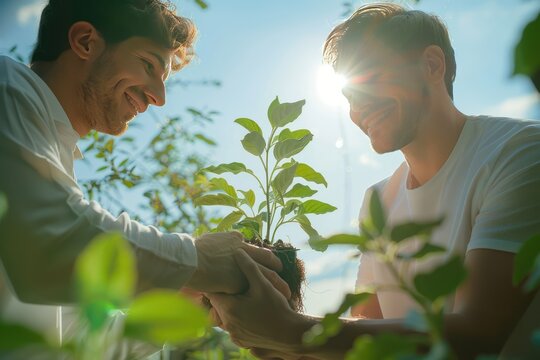 A photo of a friendly person giving a plant to another person