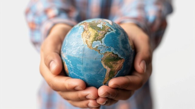 A photo of a person holding a globe in their hands, isolated against a white background