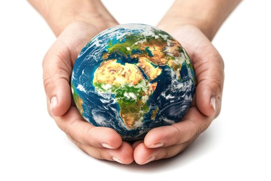 A photo of a person holding a globe in their hands, isolated against a white background