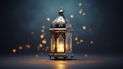Ornamental Arabic lantern with burning candle glowing at night. Neural network AI generated art