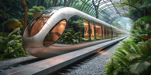 A modern train station combining architecture with lush greenery and a moving carriage. - obrazy, fototapety, plakaty