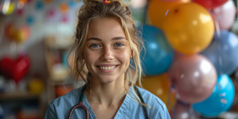 Confident and cheerful young woman, a medical worker, smiles in her clinic against the backdrop of balloons.