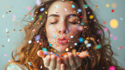 Young woman blowing confetti in front of green wall
