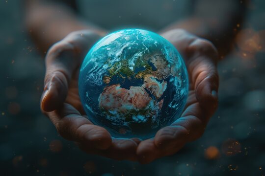 Picture of a blue and green planet with hands holding it, symbolizing care for the environment