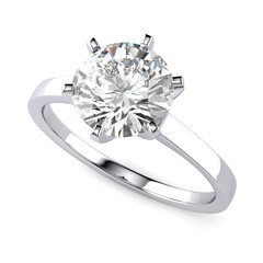 Solitaire diamond engagement ring with 2 carat crown set round brilliant cut stone, top view, isolated on white background.