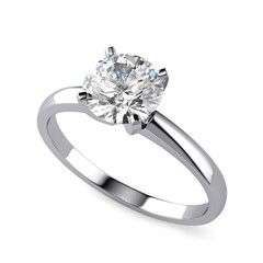 Solitaire diamond engagement ring, four prong setting, 1 carat round brilliant cut stone, top view, isolated on white background.