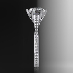Diamond engagement ring with a 2 carat round brilliant cut stone, six prong setting, shoulder style, grain set side stones. Side profile view on gradient black and white background. 3D rendering