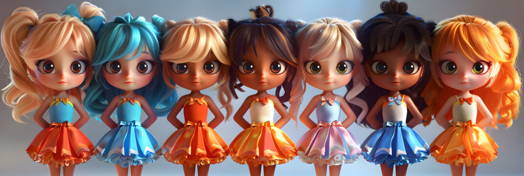 An animated 3D cartoon render of cheerful kids in colorful cheerleader uniforms.