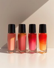 Nail polish bottles in a row on a clean white surface, featuring a coral color gradient from dark to light, embodying the vibrant energy and warmth of a sunset