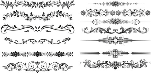 Calligraphic leaf long text dividers vector set - obrazy, fototapety, plakaty
