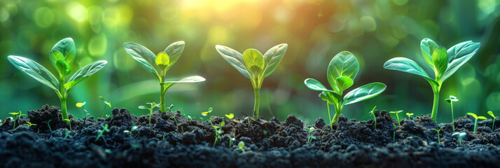A group of young plants sprouting from the soil with sunlight, symbolizing growth and new beginnings, banner - obrazy, fototapety, plakaty