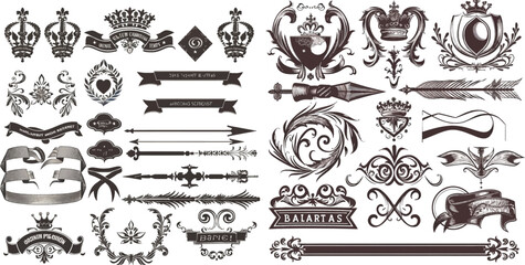 Arrows, labels, ribbons, logos symbols, crowns, calligraphy swirls, ornaments and other