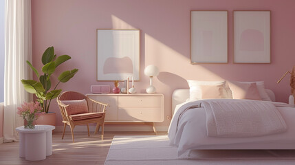 A chic bedroom in dusty rose tones, showcasing clean-lined and colorful minimalistic furniture arrangements for a stylish look.