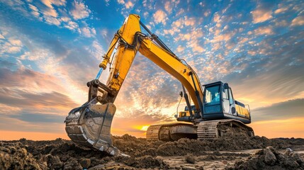 Excavator at sunset on a construction site