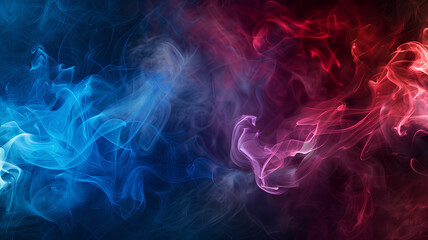 Obraz premium Abstract Blue and Red Smoke on a Black Background. Abstract image featuring intertwining swirls of blue and red smoke, creating a dynamic and mysterious visual on a black background. 