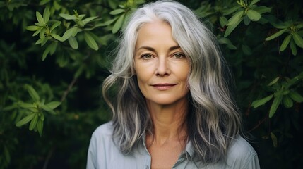 Woman with gray hair, self care concept
