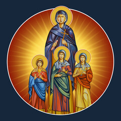 Medallion with Saint Sophia with kids on a dark blue background. Illustration in Byzantine style
