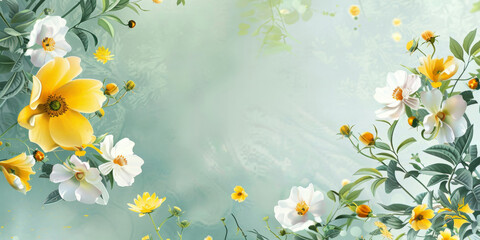 yellow and white flowers on A light green background, top view, flat lay, banner, empty space for text