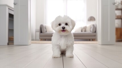 Fluffy maltese Puppy in Modern Living Room