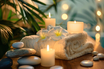Fototapeta na wymiar SPA concept. massage stones with towels and candles on a natural background. accessories for spa treatments. relaxation and self-care.