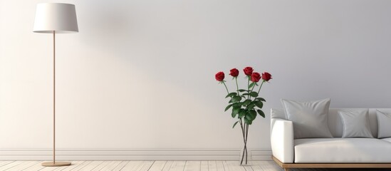 A minimalist living room featuring a white couch and a vase of colorful roses on a coffee table. The room is empty except for a floor lamp and a blank frame on the wall.
