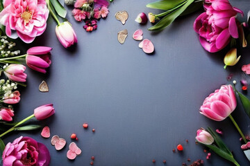 Conceito de dia das Mães. fundo com tulipas rosas e espaço para escrita
