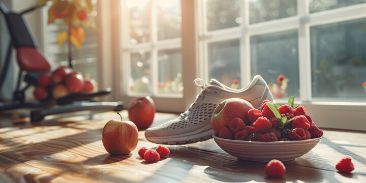  healthy lifestyle concept,  clean nutritious food with running shoes on the floor  with fruit and gym equipment,