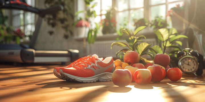  healthy lifestyle concept,  clean nutritious food with running shoes on the floor  with fruit and gym equipment, - Powered by Adobe