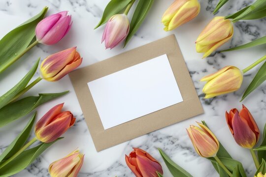 Top view of blank white Card with Tulips on marble table. Festive floral background with copy space. Greeting card for Women's Mother's Day and other springtime holidays. Bouquets of flowers