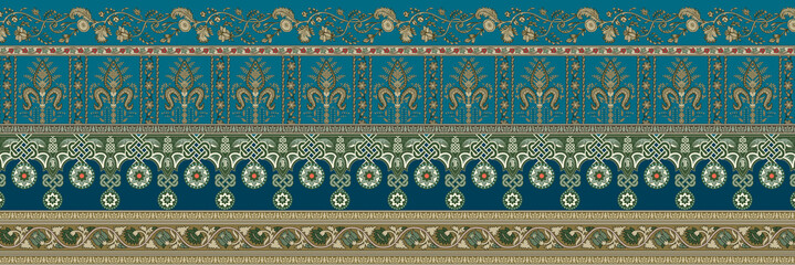 Mughal art borders flowers beautiful textile digital motifs bunches elements and allover designs - obrazy, fototapety, plakaty