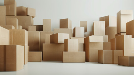 A large assortment of various sized cardboard boxes stacked haphazardly in a room with a light background, showcasing a scene of storage, moving, or delivery concept.