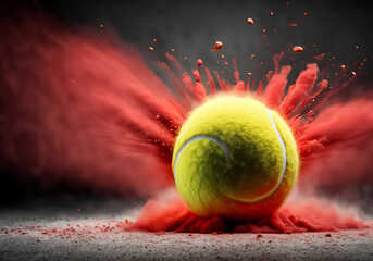 Tennis ball in explosion of red dust