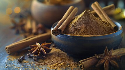 Warm cinnamon and star anise spices on a rustic table invoking the essence of autumn