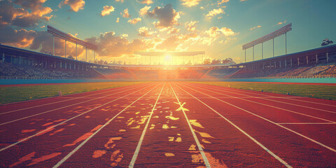 empty running track in stadium at sunset or sunrise