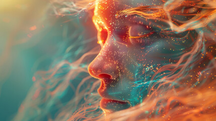 A digital art portrait of a woman's face with flowing hair, glowing with radiant particles and intricate lighting effects, conveying a sense of beauty, technology, and otherworldliness. - obrazy, fototapety, plakaty